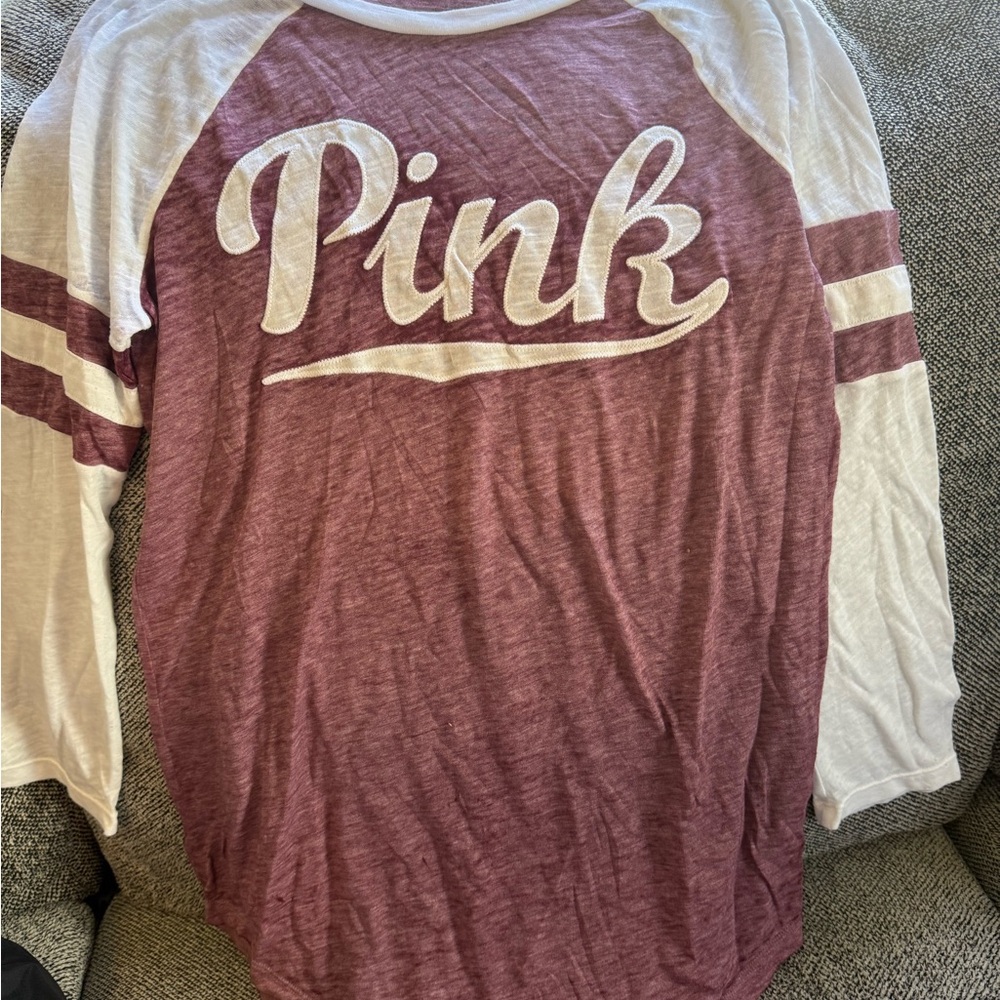 PINK Victoria's Secret Maroon and White Raglan Tee